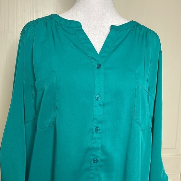 Laura Scott Woman Teal Blouse Tunic Size 3X Button Down Collarless Top Plus - Picture 2 of 11